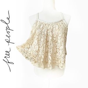 Free People Floral Lace Cropped Strappy Top Ivory Lace Swing Top Blouse Sz S